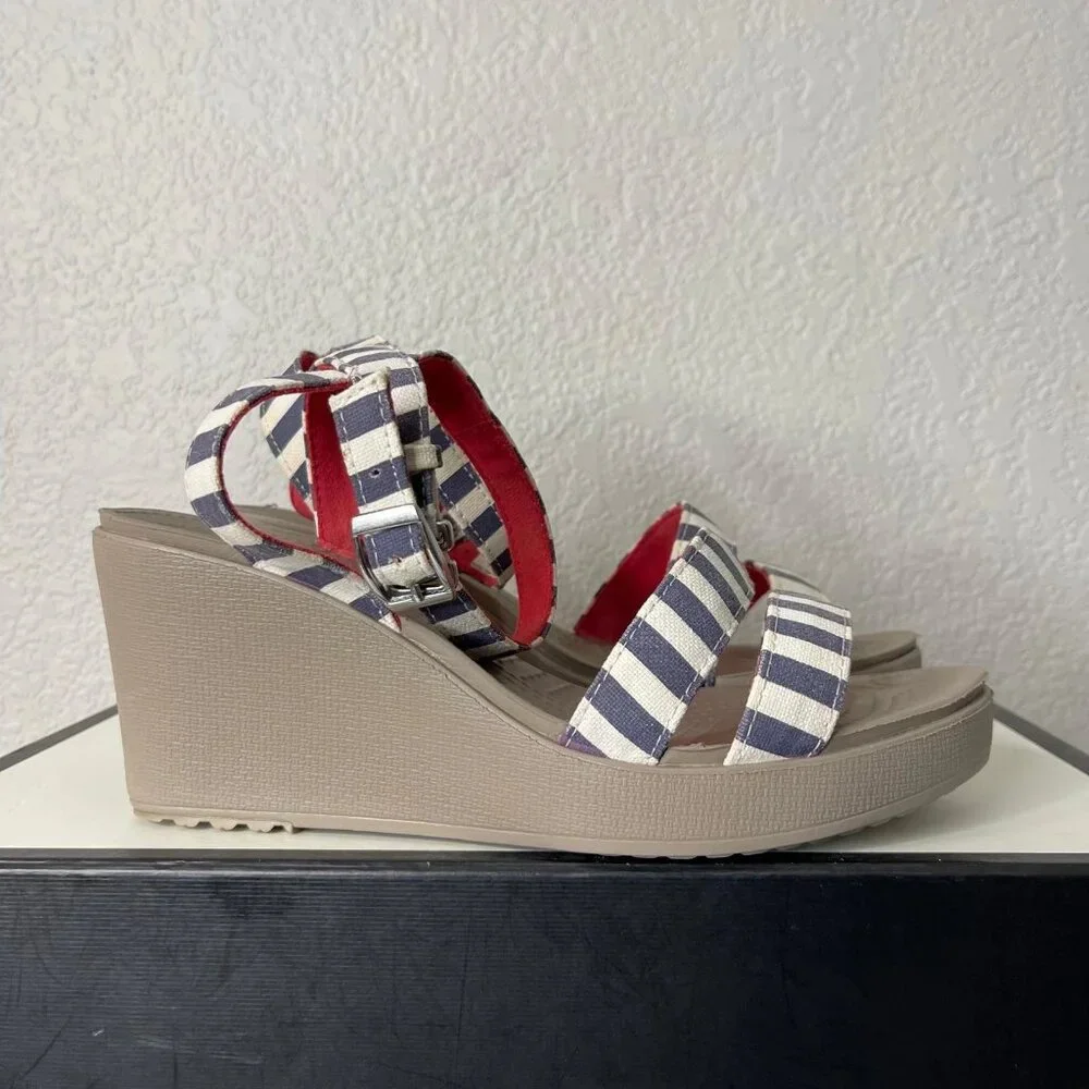 Crocs Leigh 15313 Wedge Sandals Ankle Strappy White Striped Women's Size 9 US - Picture 3 of 11